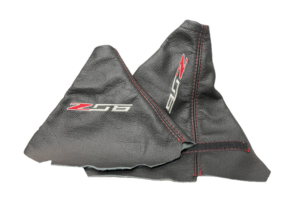 Red Stitch Leather Parking Brake & Shift Boot Cover with Embroidery For 2001-2004 Chevy Corvette C5 Z06