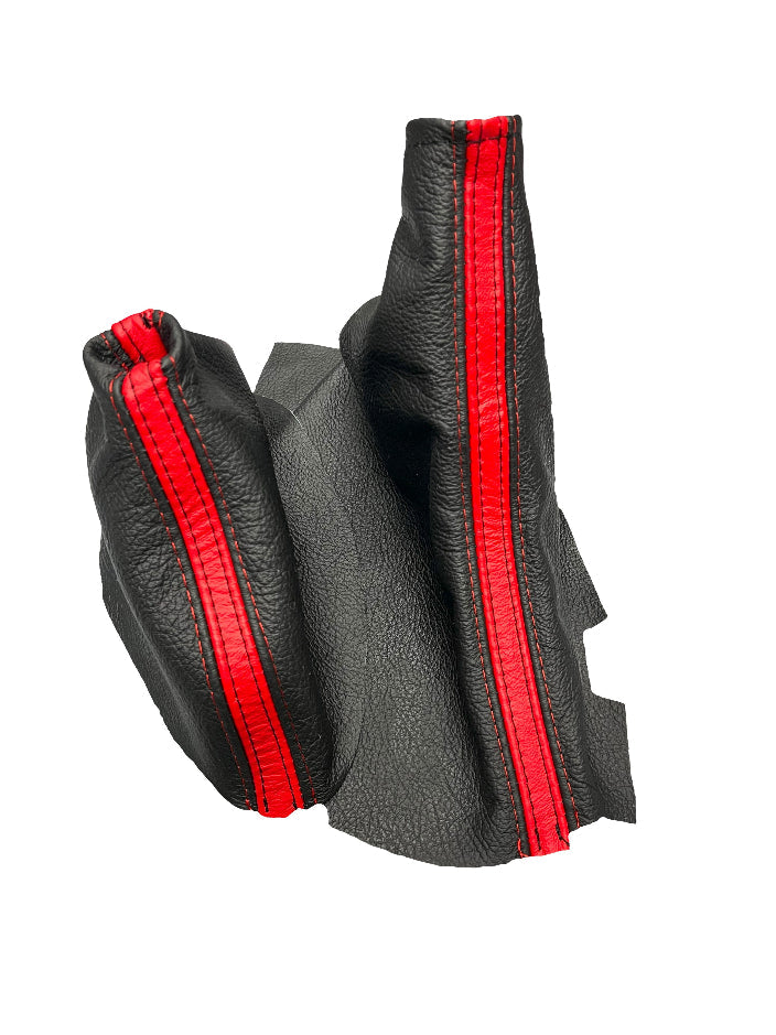 For Chevy Corvette C6 2005-2013 Genuine Leather Parking Brake & Shift Boot Cover In Black & Torch Red Stripe